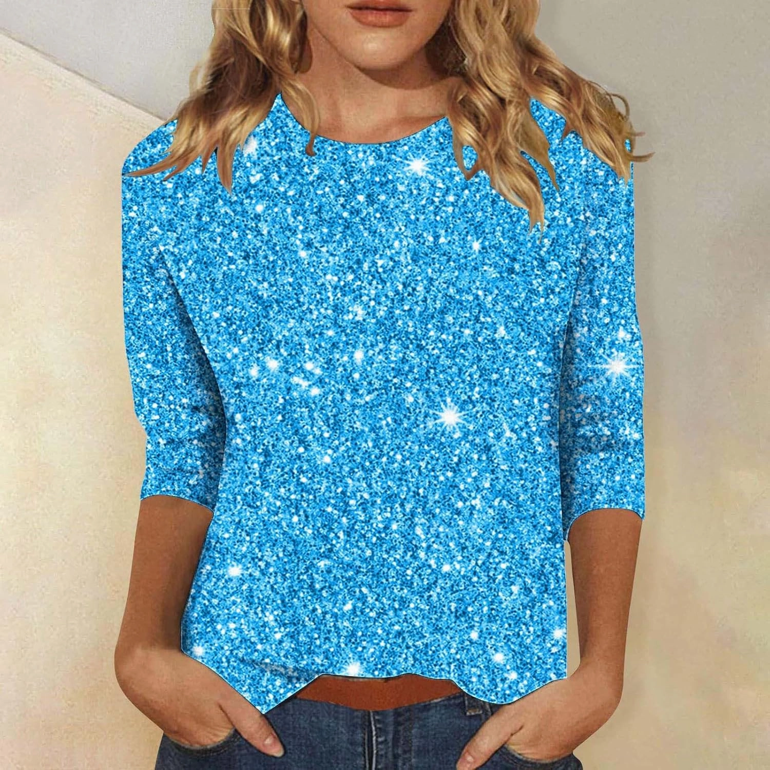 Womens Sparkle T Shirts Casual Glitter Dressy Flowy Tops Comfy Round Neck Long Sleeve Blouse Trendy 2024 Fall Clothes