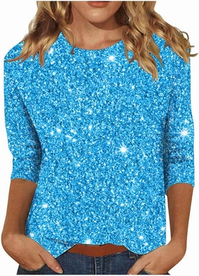 Womens Sparkle T Shirts Casual Glitter Dressy Flowy Tops Comfy Round Neck Long Sleeve Blouse Trendy 2024 Fall Clothes
