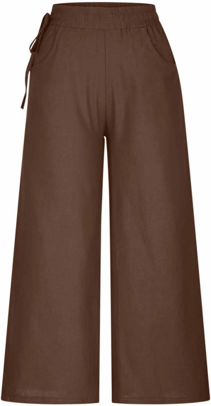 Womens Straight-Leg Pull-on Pants Cotton Linen Trousers Palazzo Lounge Pants Slacks Summer Casual Comfy Loose Pants