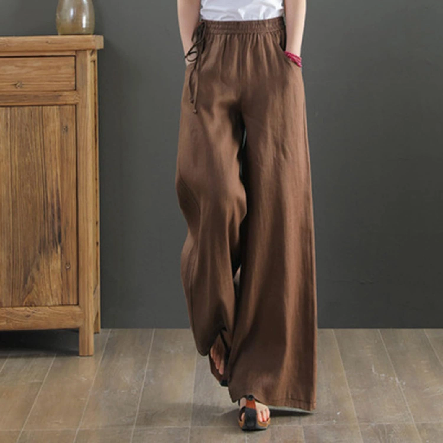 Womens Straight-Leg Pull-on Pants Cotton Linen Trousers Palazzo Lounge Pants Slacks Summer Casual Comfy Loose Pants
