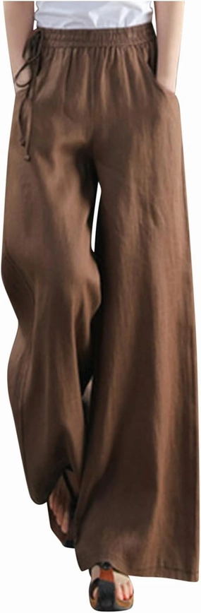 Womens Straight-Leg Pull-on Pants Cotton Linen Trousers Palazzo Lounge Pants Slacks Summer Casual Comfy Loose Pants