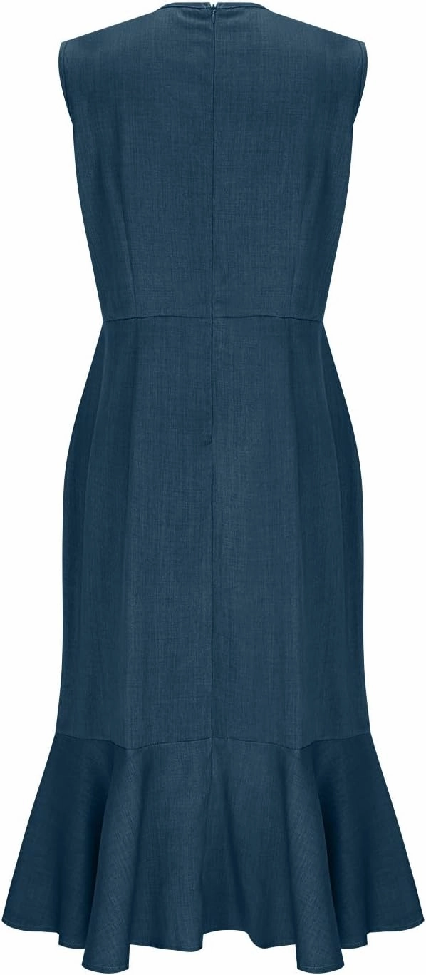 Womens Summer Casual Sleeveless Bodycon Dress A-Line High Waist V Neck Mermaid Dresses Dressy Midi Long Sundress