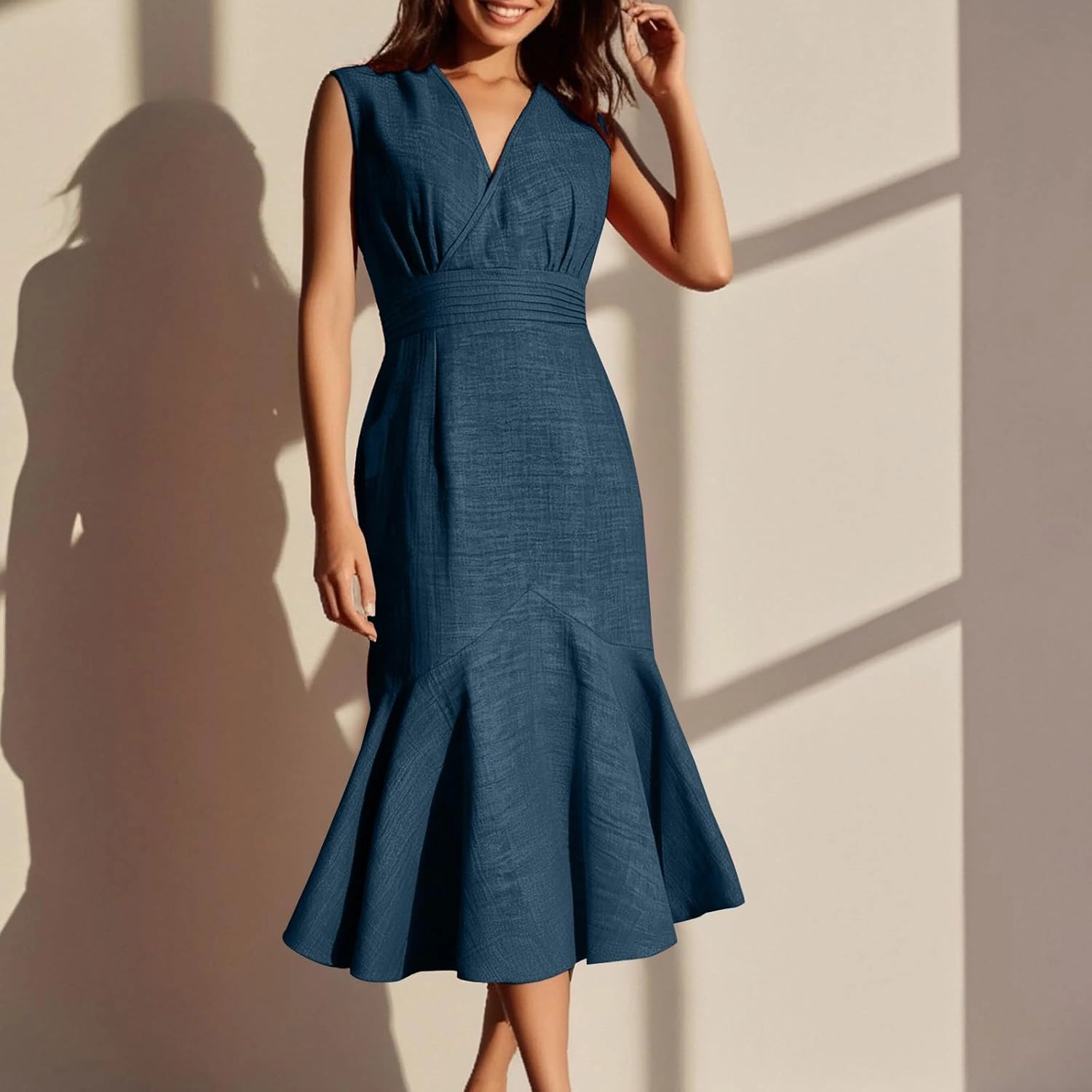 Womens Summer Casual Sleeveless Bodycon Dress A-Line High Waist V Neck Mermaid Dresses Dressy Midi Long Sundress