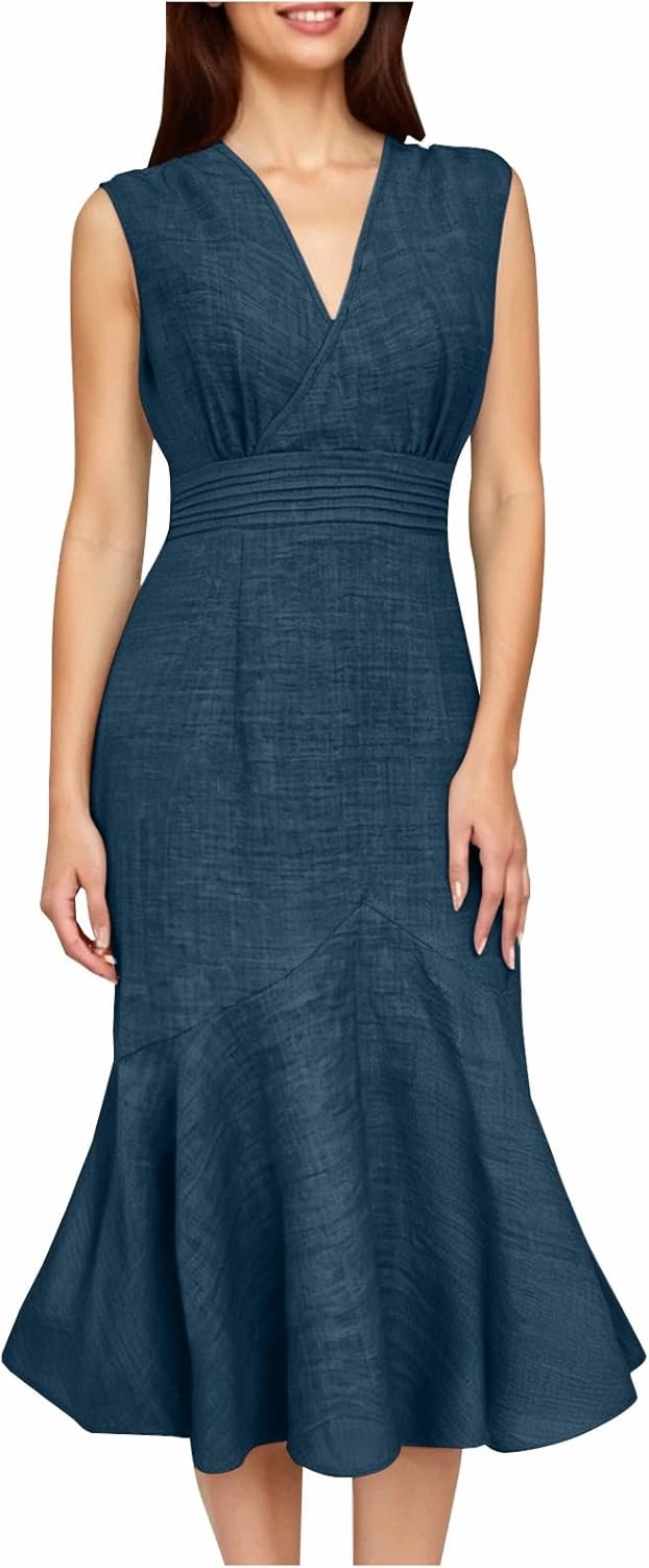Womens Summer Casual Sleeveless Bodycon Dress A-Line High Waist V Neck Mermaid Dresses Dressy Midi Long Sundress