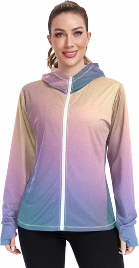 Womens Sun Protection Shirts Pink Green Glitter Athletic Jacket with Thumb Holes Womens SPF 50 Shirts Long Sleeve Lightweight