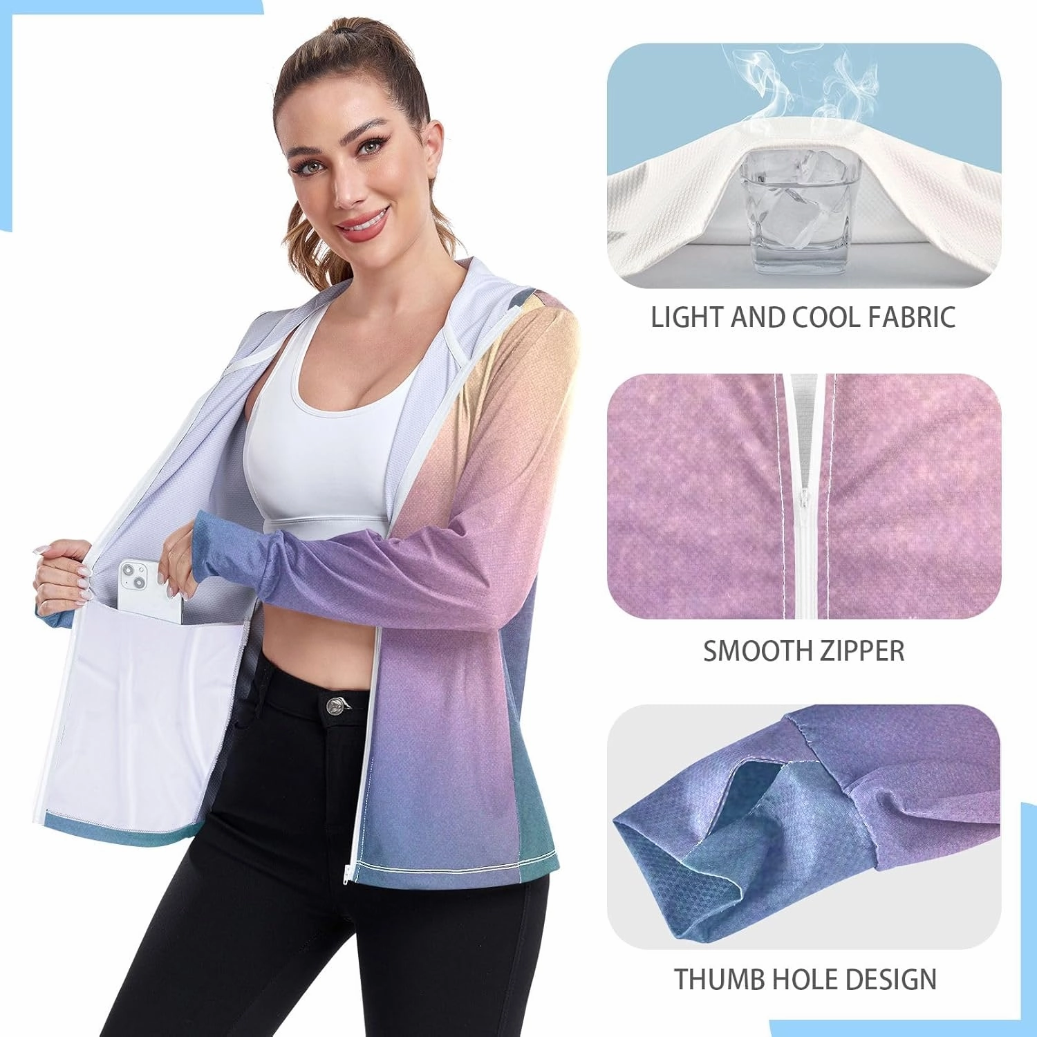 Womens Sun Protection Shirts Pink Green Glitter Athletic Jacket with Thumb Holes Womens SPF 50 Shirts Long Sleeve Lightweight