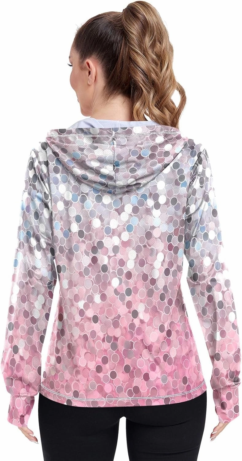 Womens Sun Protection Shirts Pink Green Glitter Athletic Jacket with Thumb Holes Womens SPF 50 Shirts Long Sleeve Lightweight