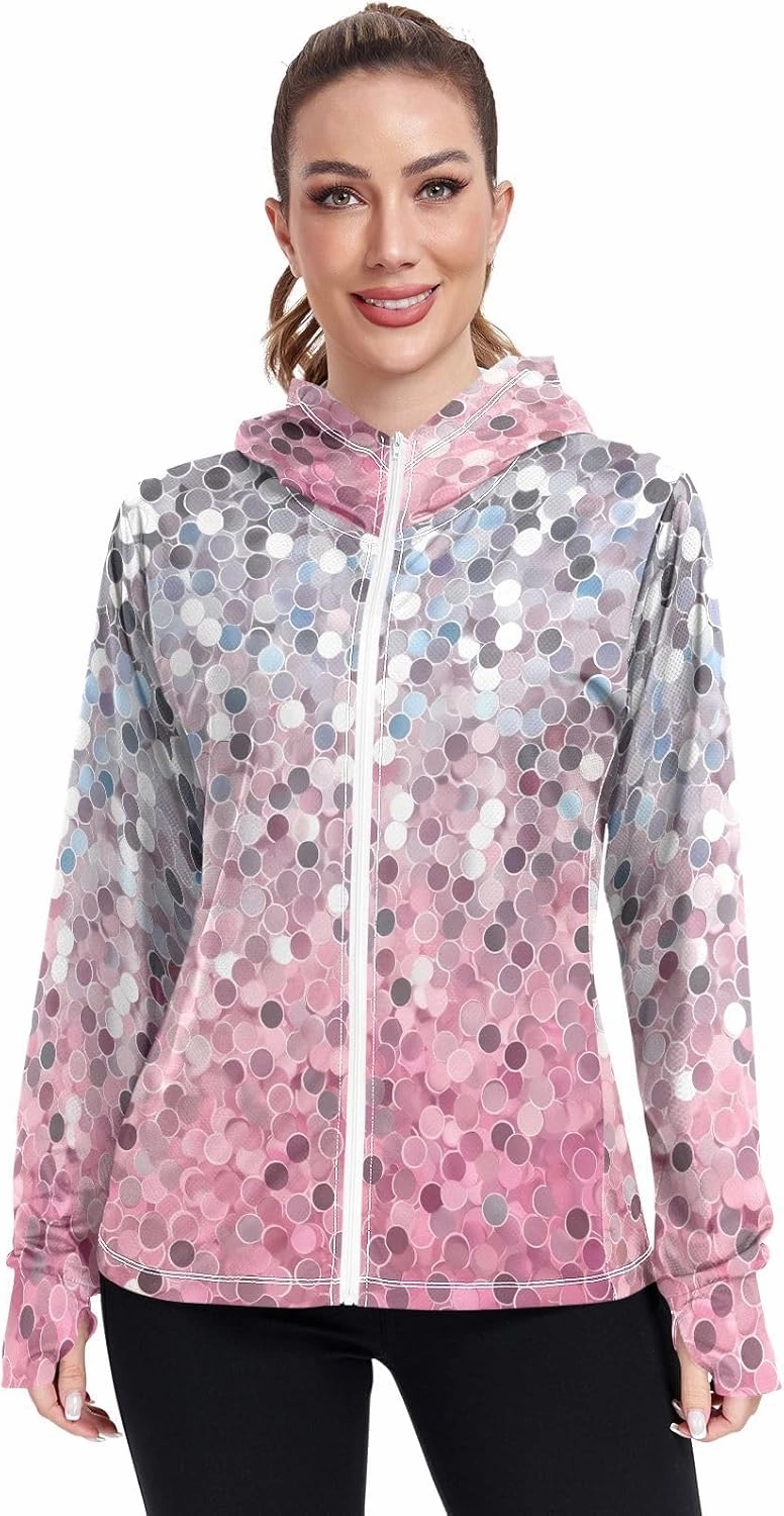 Womens Sun Protection Shirts Pink Green Glitter Athletic Jacket with Thumb Holes Womens SPF 50 Shirts Long Sleeve Lightweight