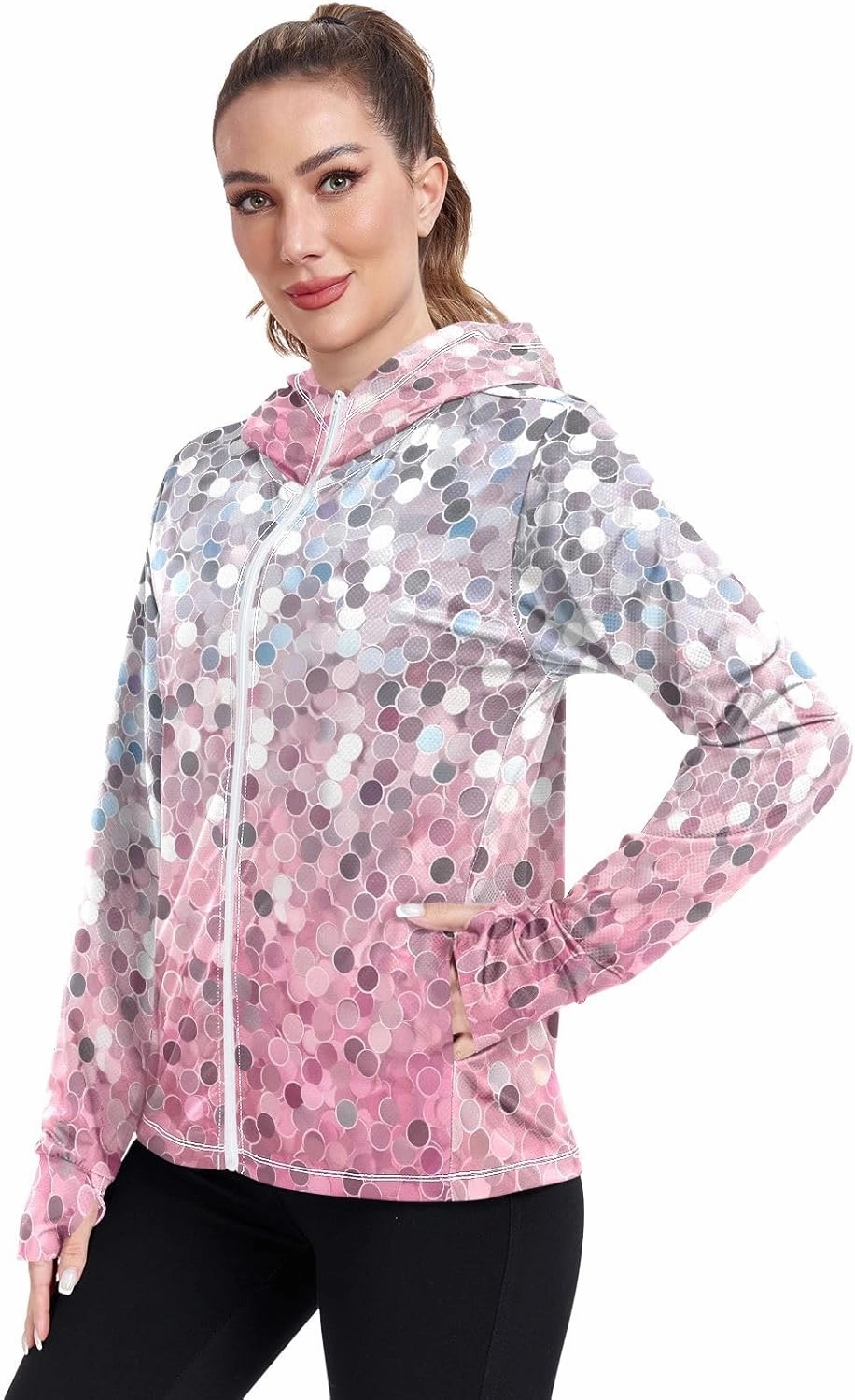 Womens Sun Protection Shirts Pink Green Glitter Athletic Jacket with Thumb Holes Womens SPF 50 Shirts Long Sleeve Lightweight