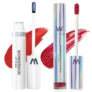 Wonderskin Wonder Blading Lip Stain Peel Off Masque - Long Lasting, Waterproof (Hayley) with Top Gloss - Red Glitter Lip Gloss, Hydrating and High Shine Finish