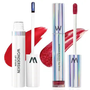Wonderskin Wonder Blading Lip Stain Peel Off Masque - Long Lasting, Waterproof (Playful) with Top Gloss - Red Glitter Lip Gloss, Hydrating and High Shine Finish
