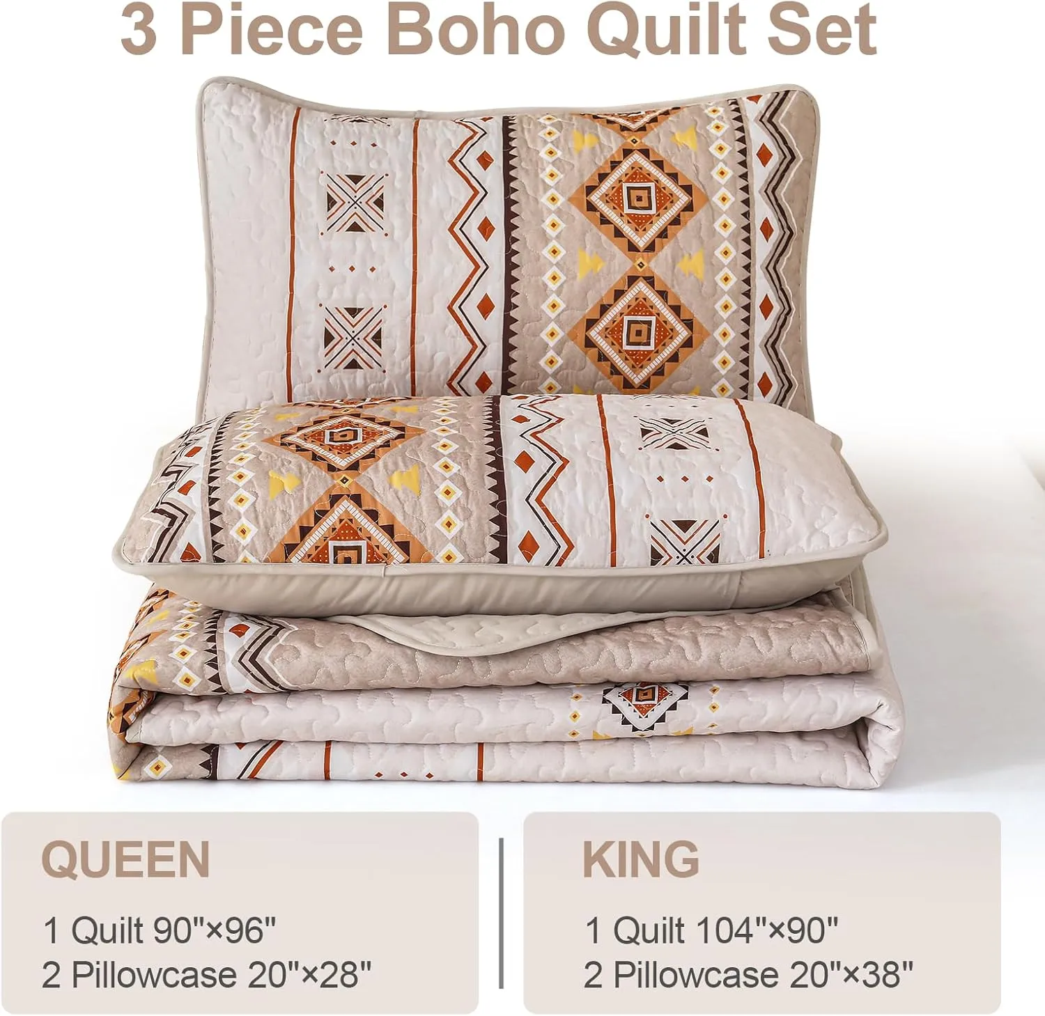 WONGS BEDDING Boho Beige Quilt Set Queen Size,Geometry Printed Bedspread Coverlet Set with 2 Pillowcases,Soft Bohemian Bedding Set Queen 96"×90"