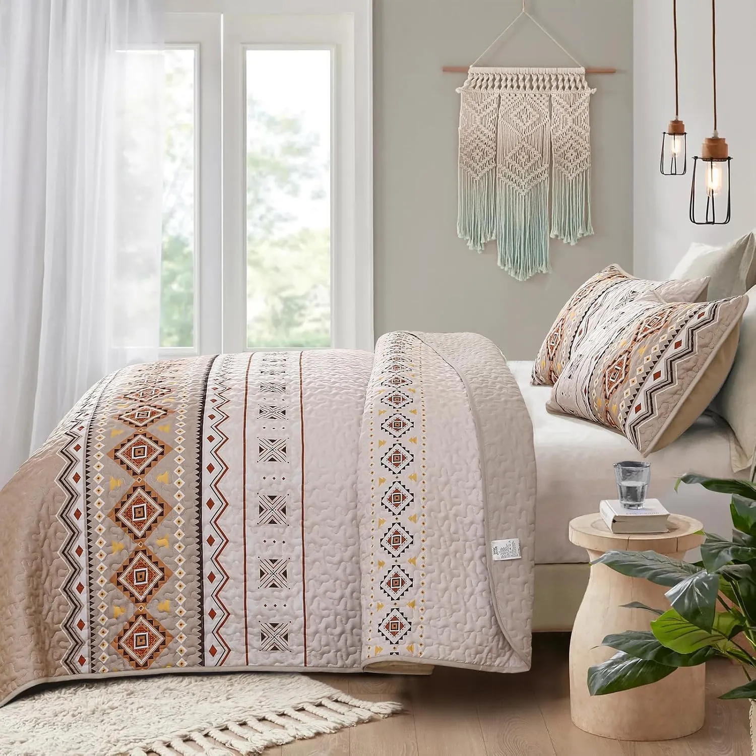 WONGS BEDDING Boho Beige Quilt Set Queen Size,Geometry Printed Bedspread Coverlet Set with 2 Pillowcases,Soft Bohemian Bedding Set Queen 96"×90"