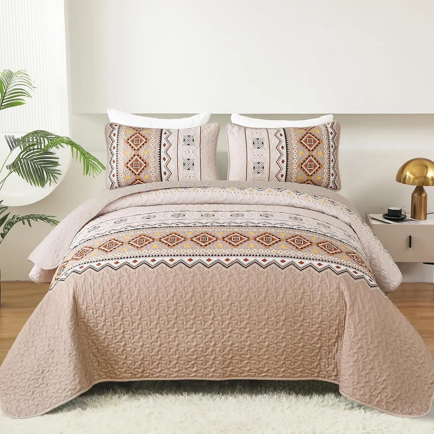 WONGS BEDDING Boho Beige Quilt Set Queen Size,Geometry Printed Bedspread Coverlet Set with 2 Pillowcases,Soft Bohemian Bedding Set Queen 96"×90"