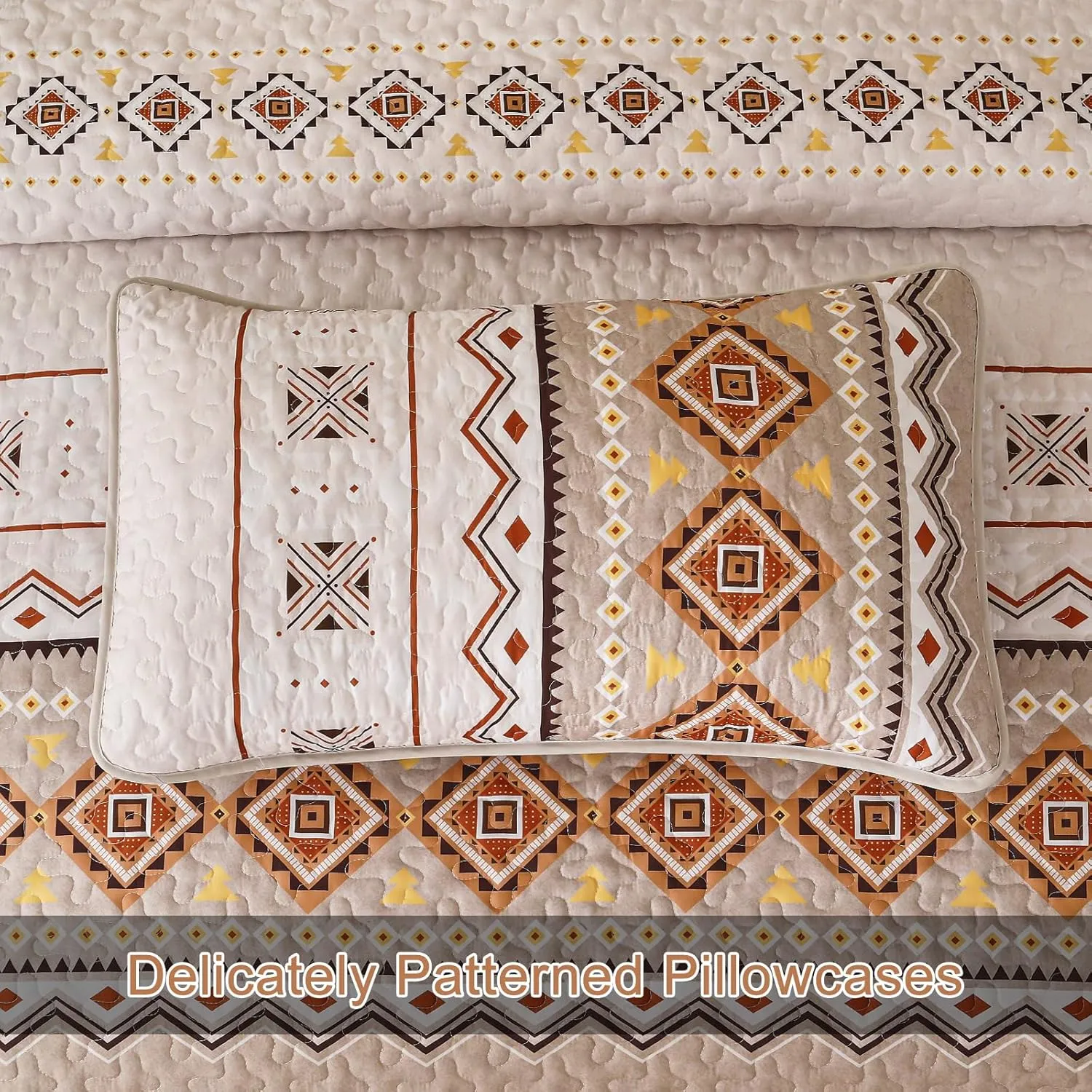 WONGS BEDDING Boho Beige Quilt Set Queen Size,Geometry Printed Bedspread Coverlet Set with 2 Pillowcases,Soft Bohemian Bedding Set Queen 96"×90"
