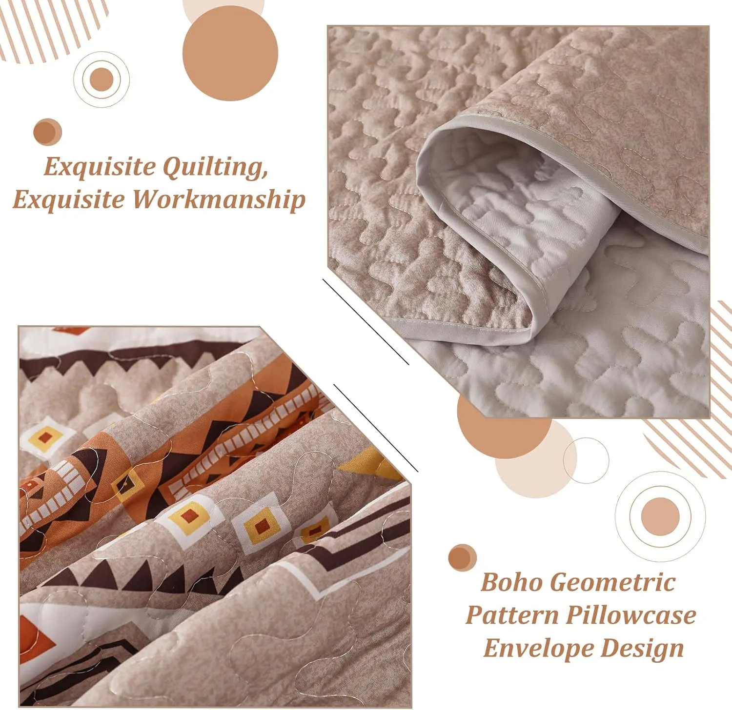 WONGS BEDDING Boho Beige Quilt Set Queen Size,Geometry Printed Bedspread Coverlet Set with 2 Pillowcases,Soft Bohemian Bedding Set Queen 96"×90"