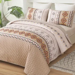 WONGS BEDDING Boho Beige Quilt Set Queen Size,Geometry Printed Bedspread Coverlet Set with 2 Pillowcases,Soft Bohemian Bedding Set Queen 96"×90"