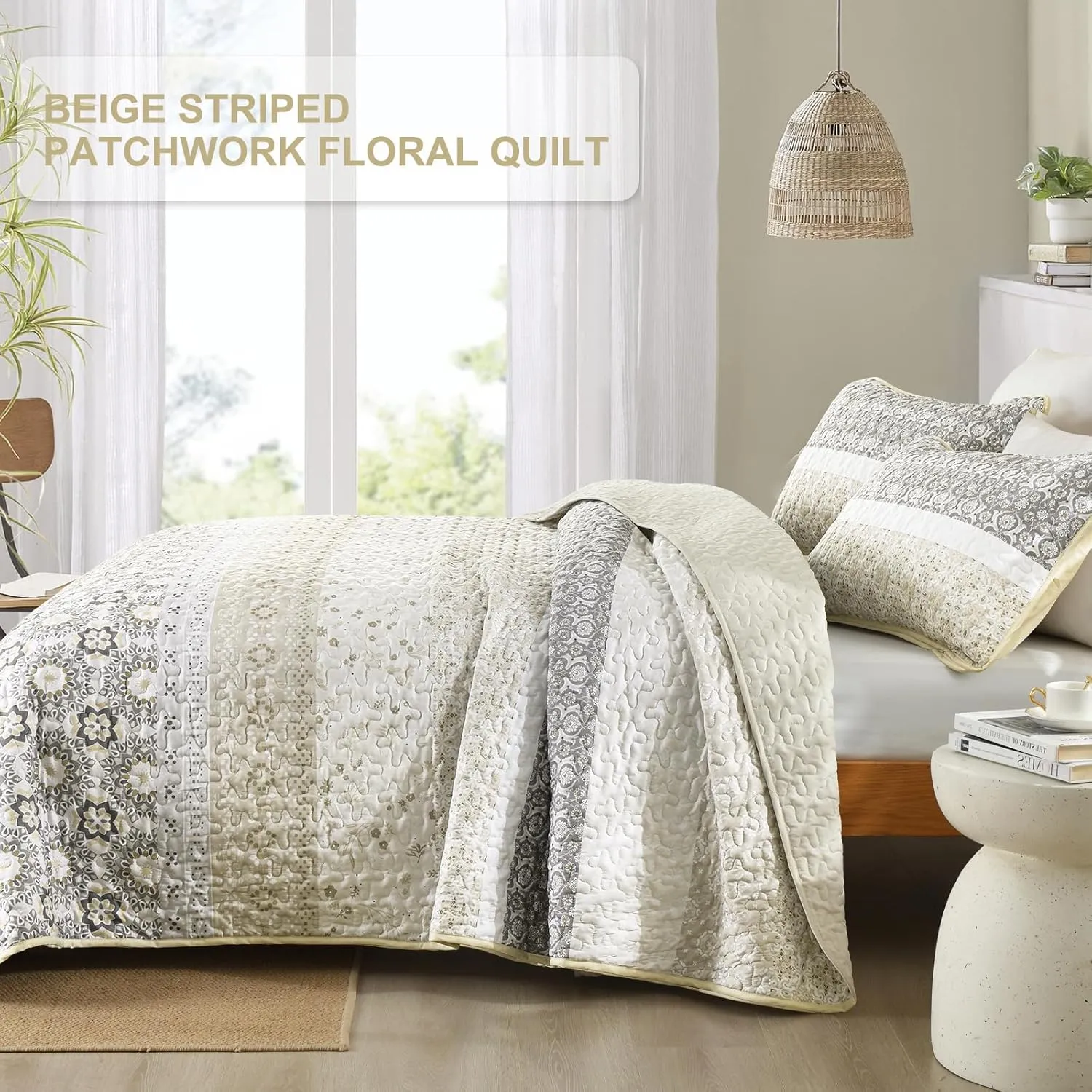 WONGS BEDDING Boho Quilt Set King Size,Beige Bohemian Striped Patchwork Bedspread Set,3 Pieces Microfiber Bedding Set for All Seasons (104"×90")