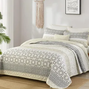 WONGS BEDDING Boho Quilt Set King Size,Beige Bohemian Striped Patchwork Bedspread Set,3 Pieces Microfiber Bedding Set for All Seasons (104"×90")