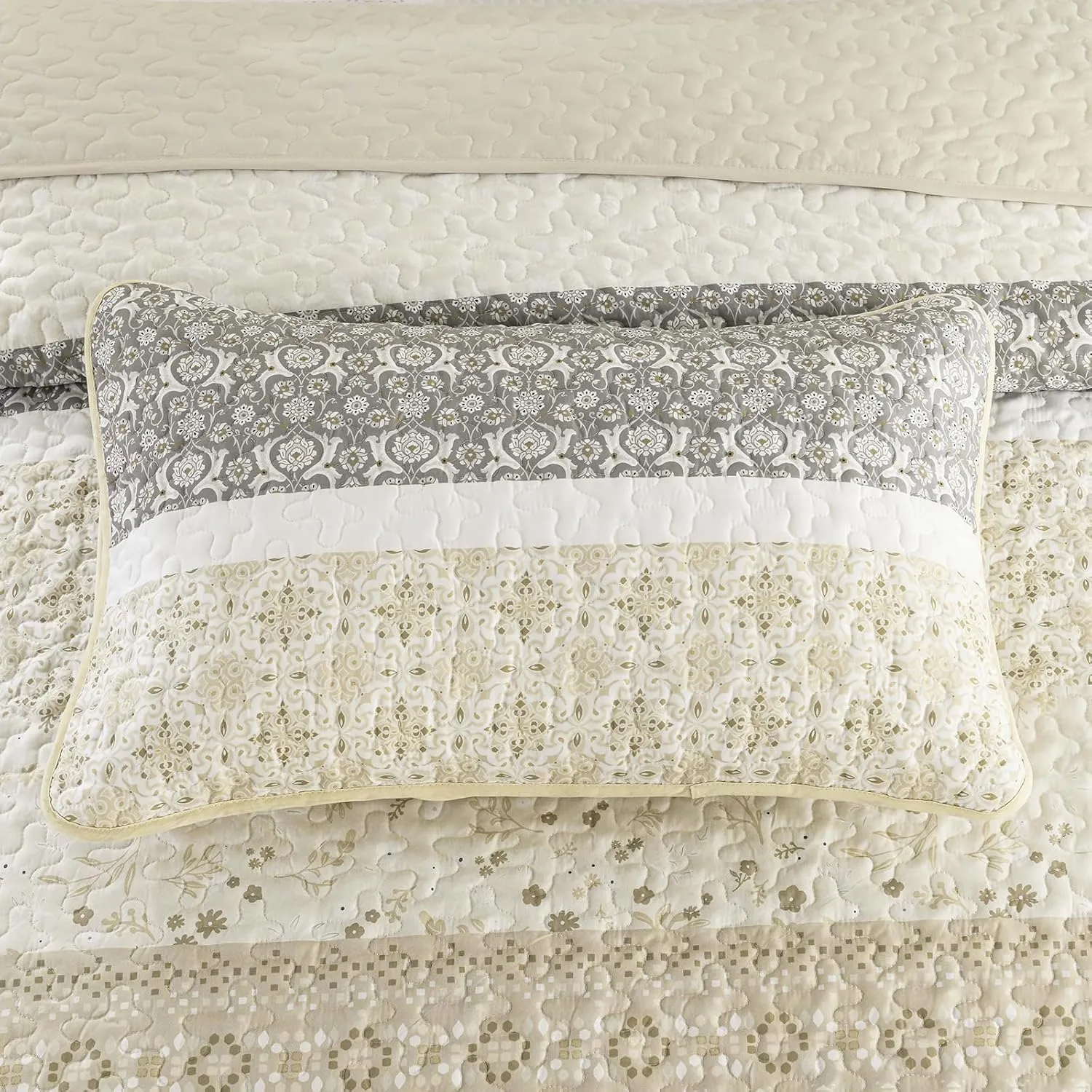 WONGS BEDDING Boho Quilt Set King Size,Beige Bohemian Striped Patchwork Bedspread Set,3 Pieces Microfiber Bedding Set for All Seasons (104"×90")