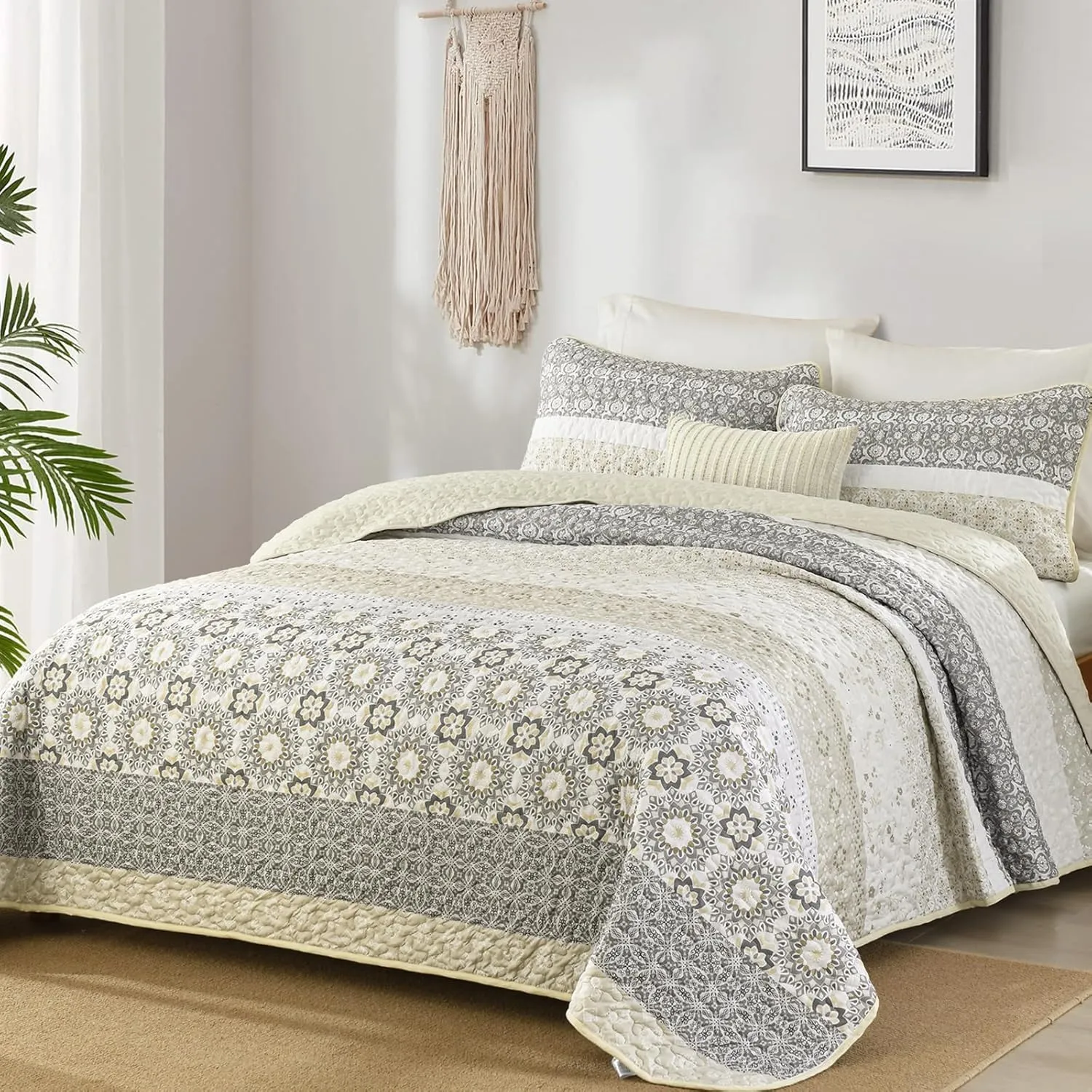 WONGS BEDDING Boho Quilt Set King Size,Beige Bohemian Striped Patchwork Bedspread Set,3 Pieces Microfiber Bedding Set for All Seasons (104"×90")