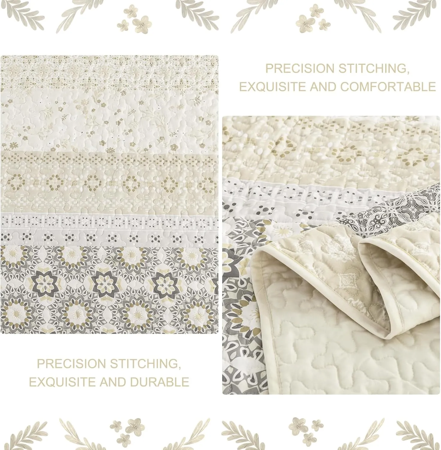 WONGS BEDDING Boho Quilt Set King Size,Beige Bohemian Striped Patchwork Bedspread Set,3 Pieces Microfiber Bedding Set for All Seasons (104"×90")