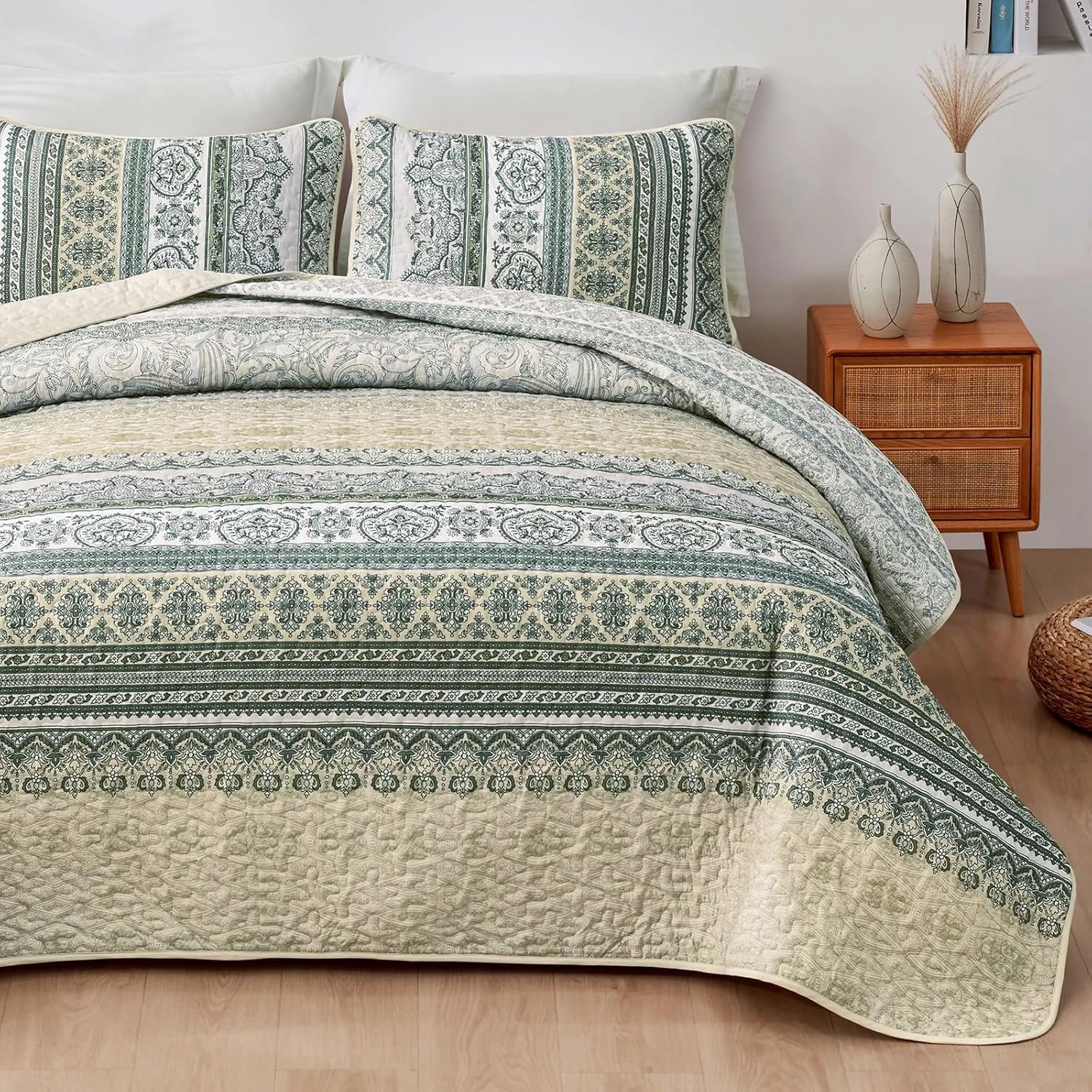 WONGS BEDDING Boho Quilt Set King Size Beige, 3 Pieces Striped Bedspread Coverlet Set, Bohemian Soft Lightweight Microfiber for All Season(104"×90")