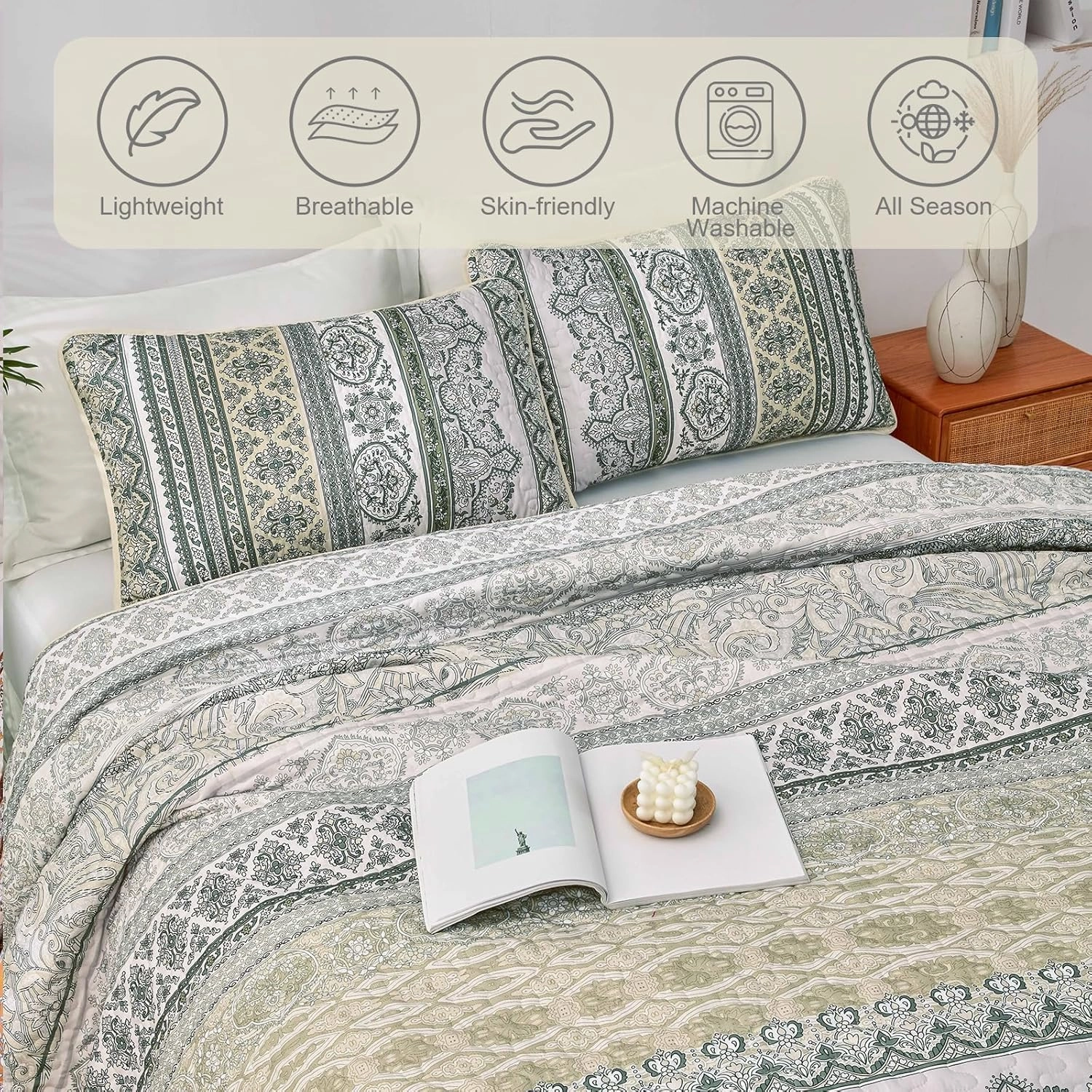 WONGS BEDDING Boho Quilt Set King Size Beige, 3 Pieces Striped Bedspread Coverlet Set, Bohemian Soft Lightweight Microfiber for All Season(104"×90")
