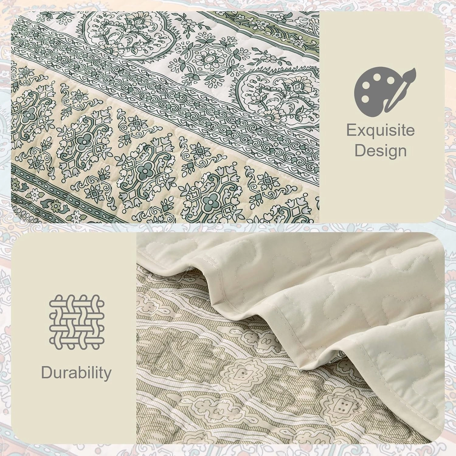 WONGS BEDDING Boho Quilt Set King Size Beige, 3 Pieces Striped Bedspread Coverlet Set, Bohemian Soft Lightweight Microfiber for All Season(104"×90")