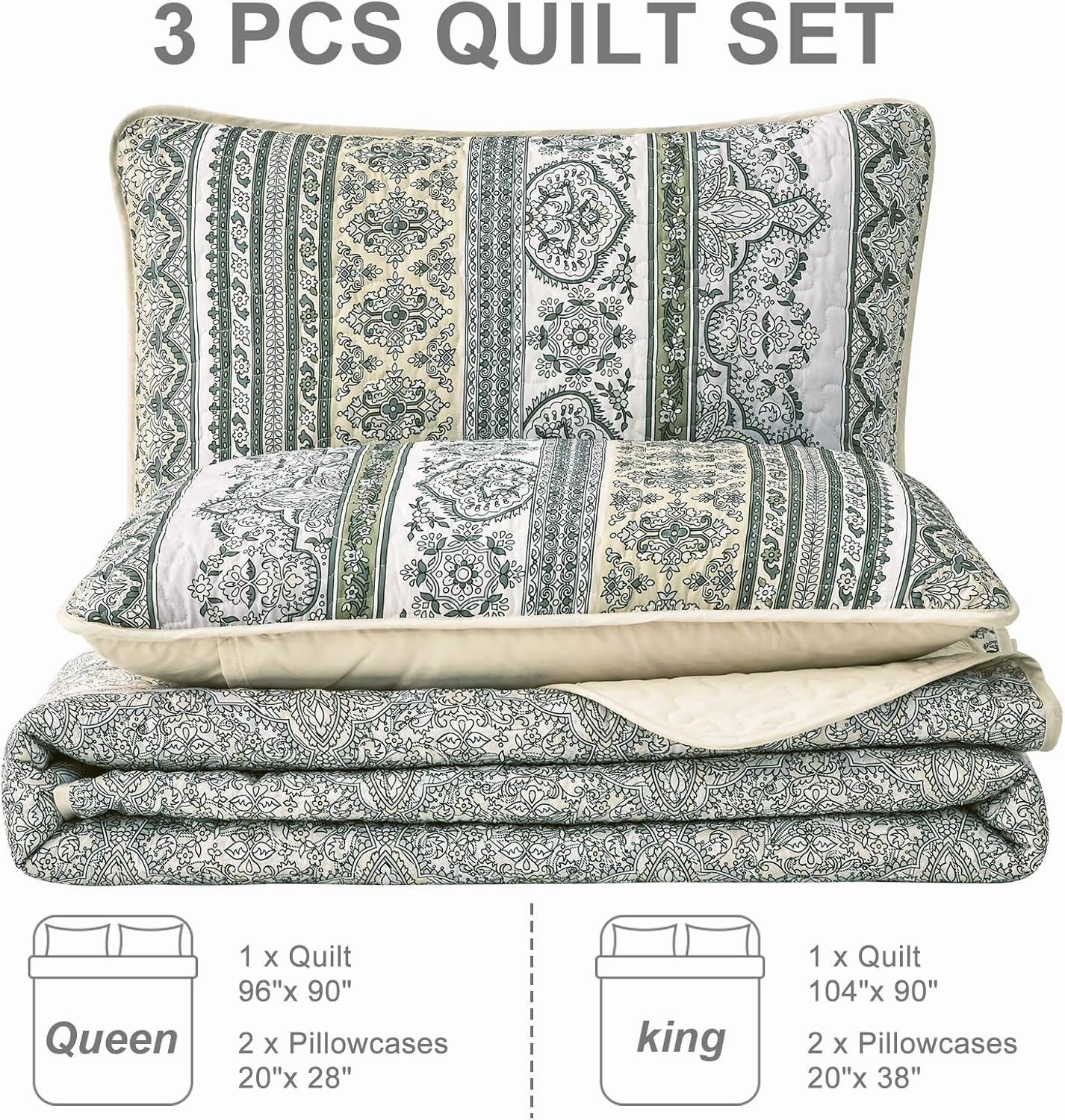 WONGS BEDDING Boho Quilt Set King Size Beige, 3 Pieces Striped Bedspread Coverlet Set, Bohemian Soft Lightweight Microfiber for All Season(104"×90")