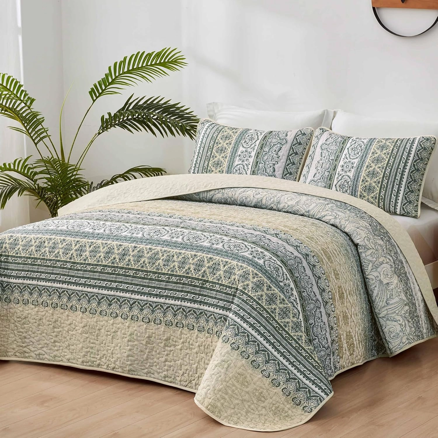 WONGS BEDDING Boho Quilt Set King Size Beige, 3 Pieces Striped Bedspread Coverlet Set, Bohemian Soft Lightweight Microfiber for All Season(104"×90")