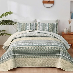 WONGS BEDDING Boho Quilt Set King Size Beige, 3 Pieces Striped Bedspread Coverlet Set, Bohemian Soft Lightweight Microfiber for All Season(104"×90")