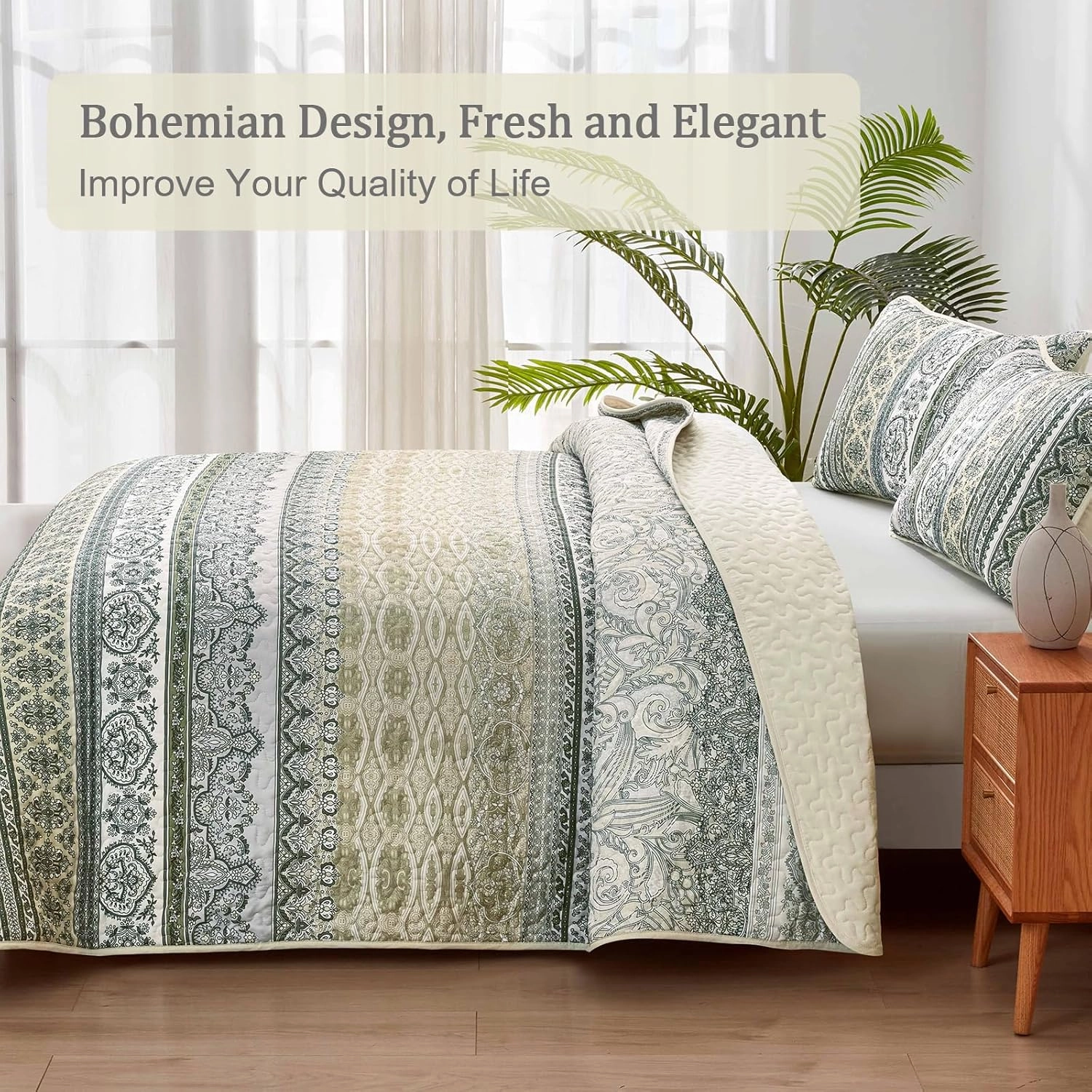 WONGS BEDDING Boho Quilt Set King Size Beige, 3 Pieces Striped Bedspread Coverlet Set, Bohemian Soft Lightweight Microfiber for All Season(104"×90")