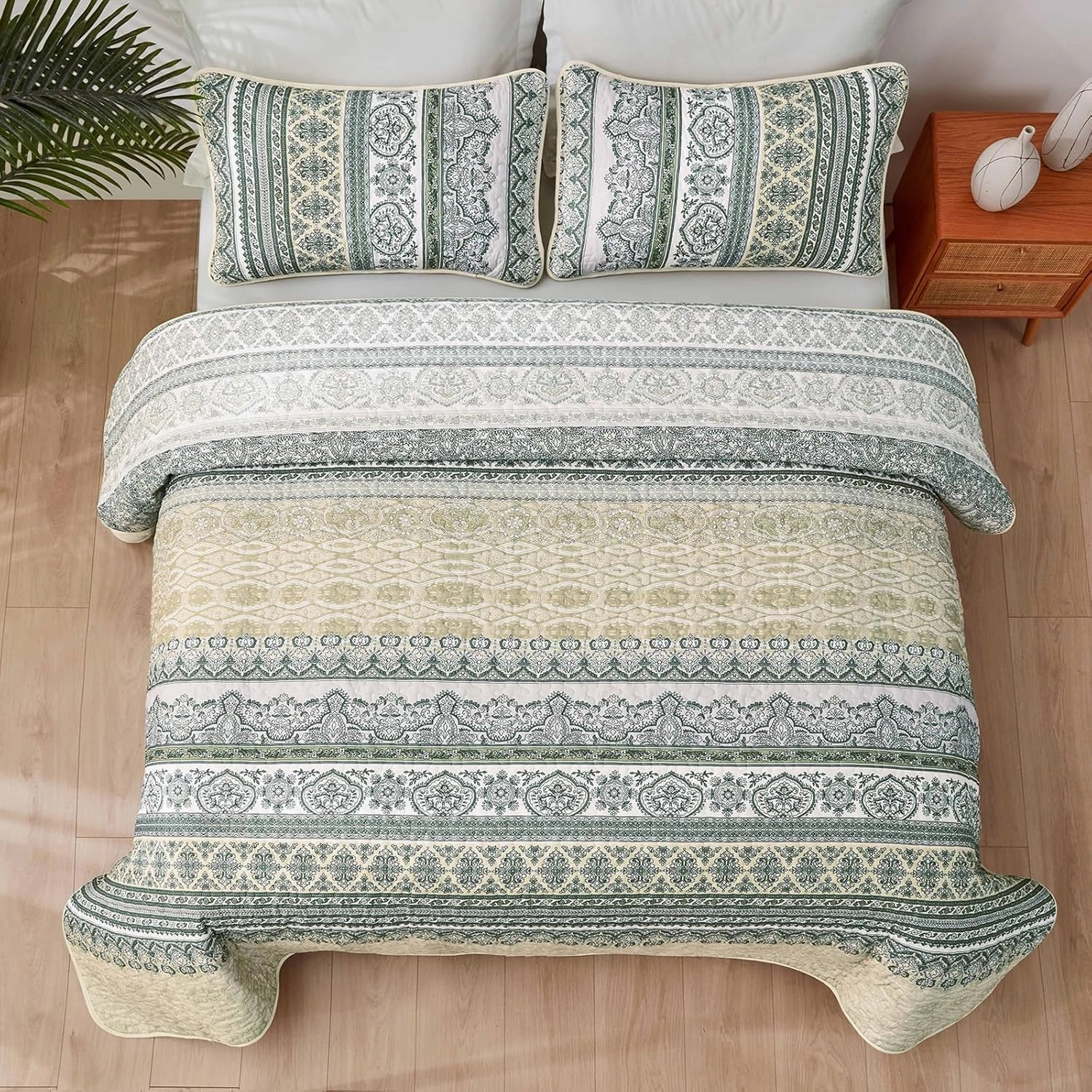 WONGS BEDDING Boho Quilt Set King Size Beige, 3 Pieces Striped Bedspread Coverlet Set, Bohemian Soft Lightweight Microfiber for All Season(104"×90")