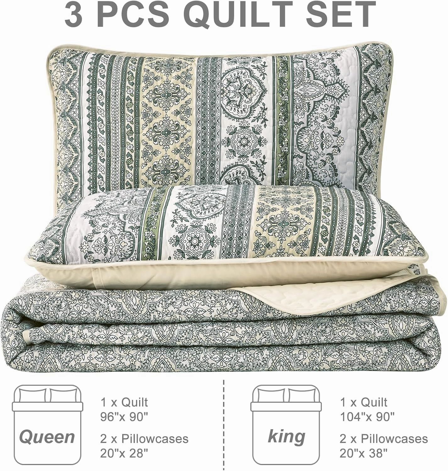 WONGS BEDDING Boho Quilt Set Queen Size Beige 3 Pieces Striped Bedspread Coverlet Set, Bohemian Soft Lightweight Microfiber for All Season(96"×90")