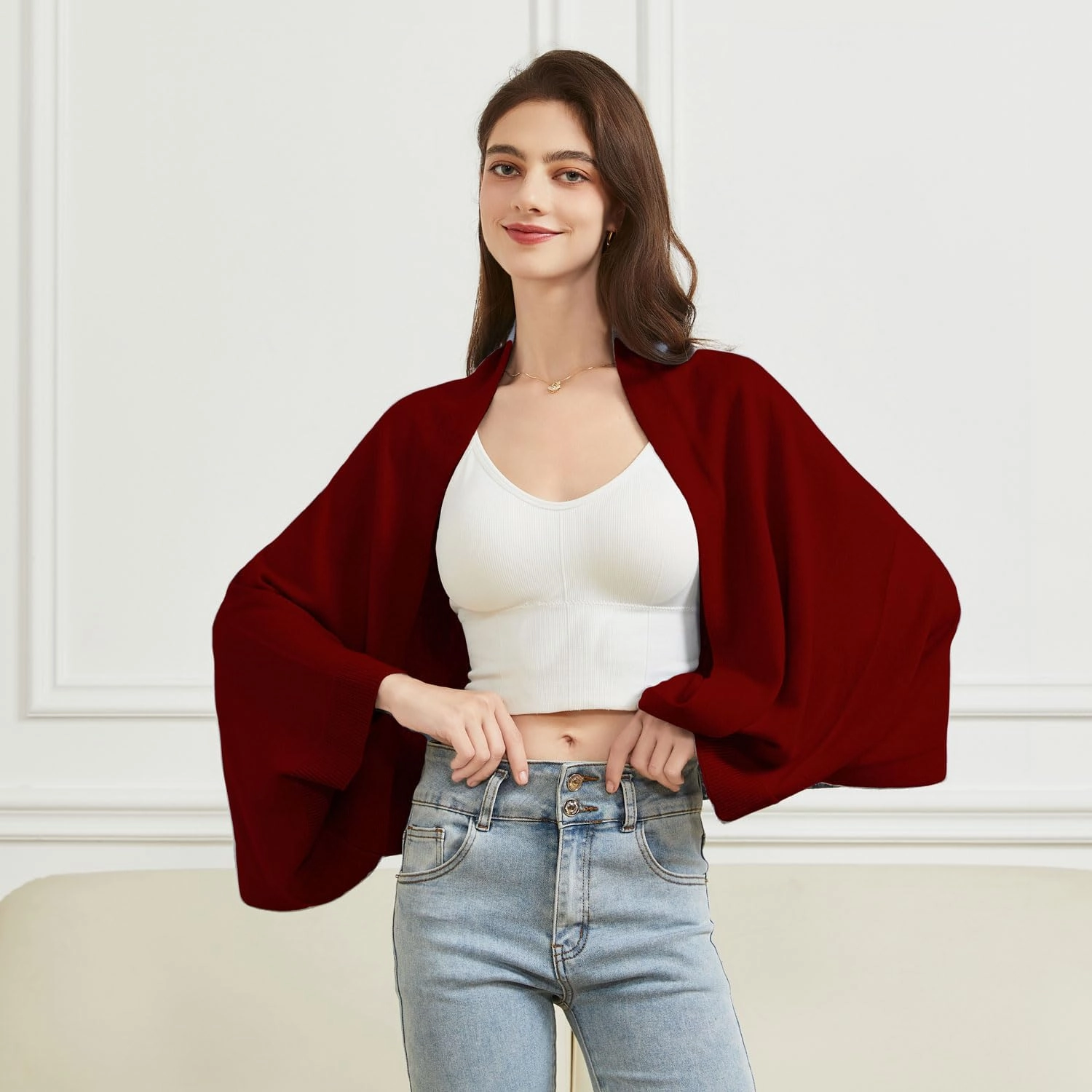 Wool Shawl Wrap Scarf with Sleeves Women's Outer Warm Knitted Open Front Poncho Cape Fall Winter