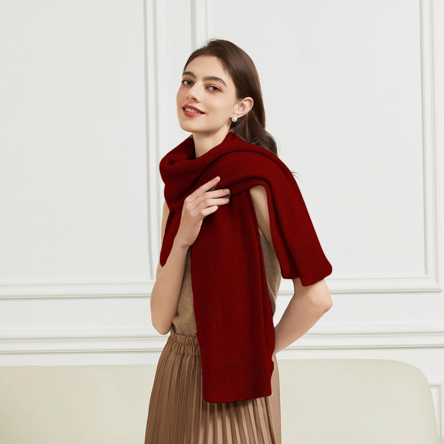 Wool Shawl Wrap Scarf with Sleeves Women's Outer Warm Knitted Open Front Poncho Cape Fall Winter