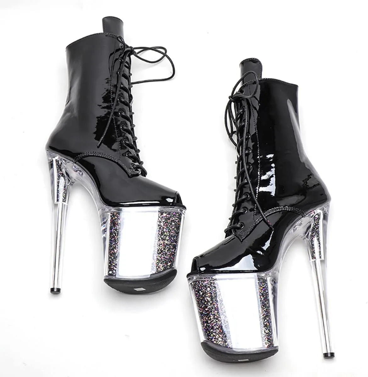 WUXIN H&P Women's Clear Platform Exotic Pole Dance Ankle Short Boots Dress Shoes 8 Inch Sexy Glitter Patchwork Mirror Custom Fashion OPen Toe Lace-up Stiletto High Heel