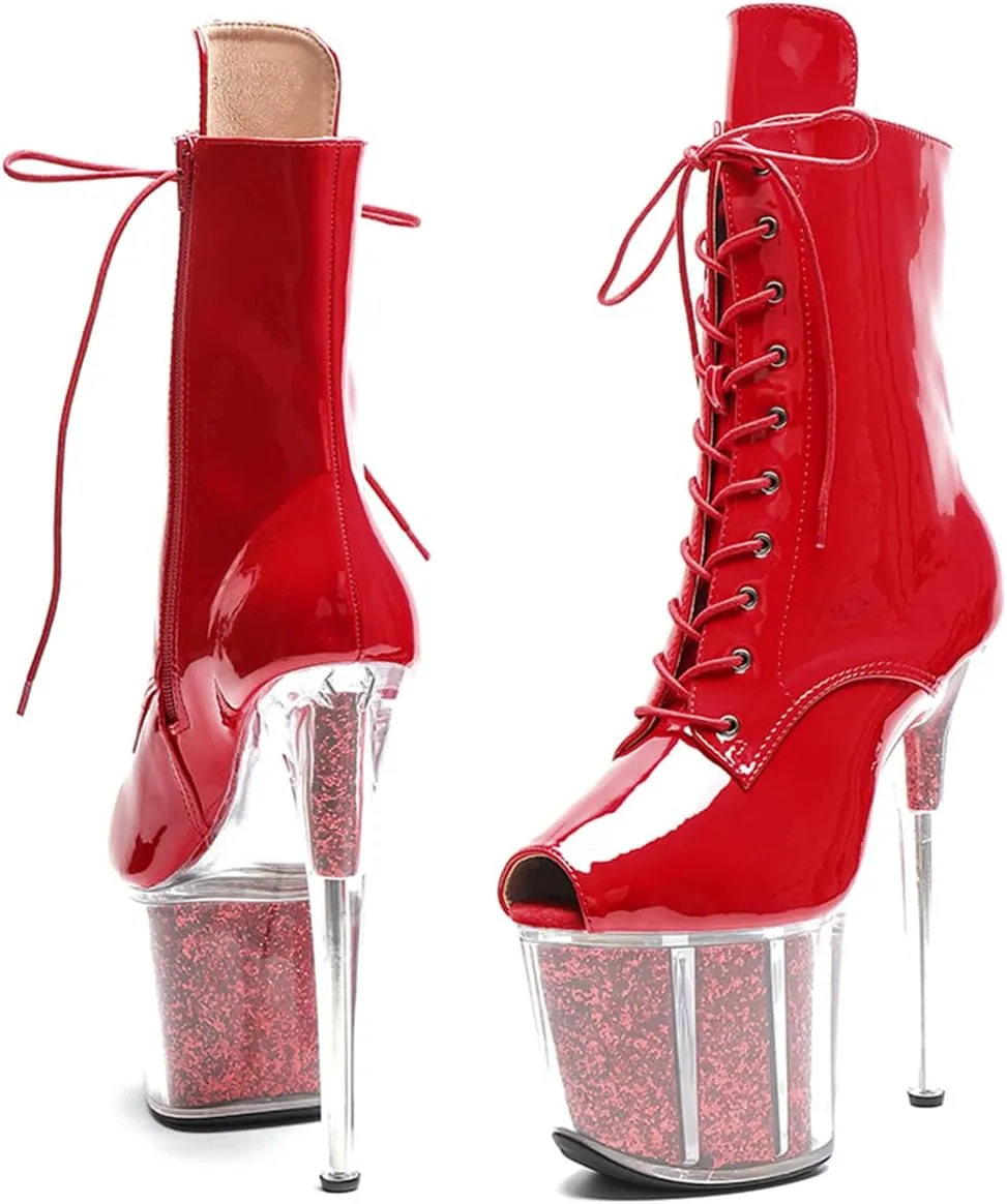 WUXIN H&P Women's Clear Platform Exotic Pole Dance Ankle Short Boots Dress Shoes 8 Inch Sexy Glitter Patchwork Mirror Custom Fashion OPen Toe Lace-up Stiletto High Heel