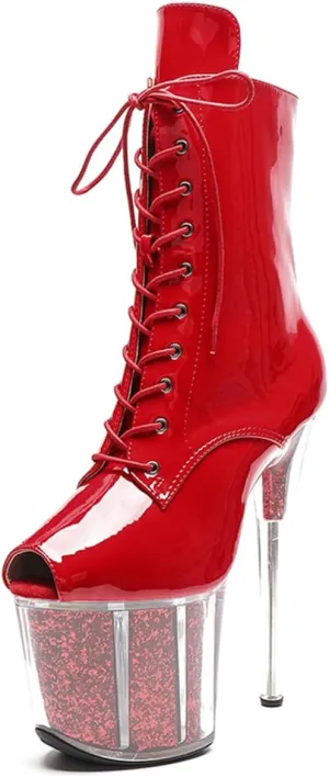 WUXIN H&P Women's Clear Platform Exotic Pole Dance Ankle Short Boots Dress Shoes 8 Inch Sexy Glitter Patchwork Mirror Custom Fashion OPen Toe Lace-up Stiletto High Heel