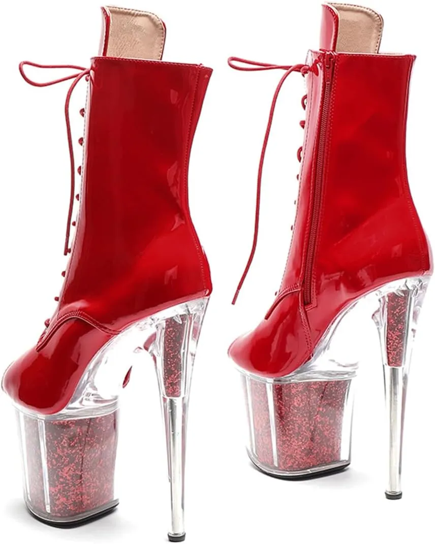 WUXIN H&P Women's Clear Platform Exotic Pole Dance Ankle Short Boots Dress Shoes 8 Inch Sexy Glitter Patchwork Mirror Custom Fashion OPen Toe Lace-up Stiletto High Heel