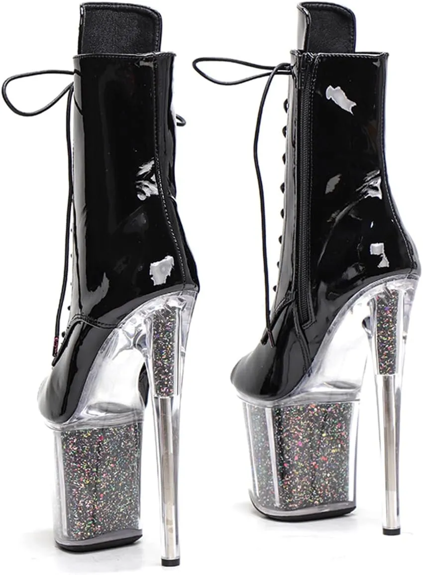 WUXIN H&P Women's Clear Platform Exotic Pole Dance Ankle Short Boots Dress Shoes 8 Inch Sexy Glitter Patchwork Mirror Custom Fashion OPen Toe Lace-up Stiletto High Heel