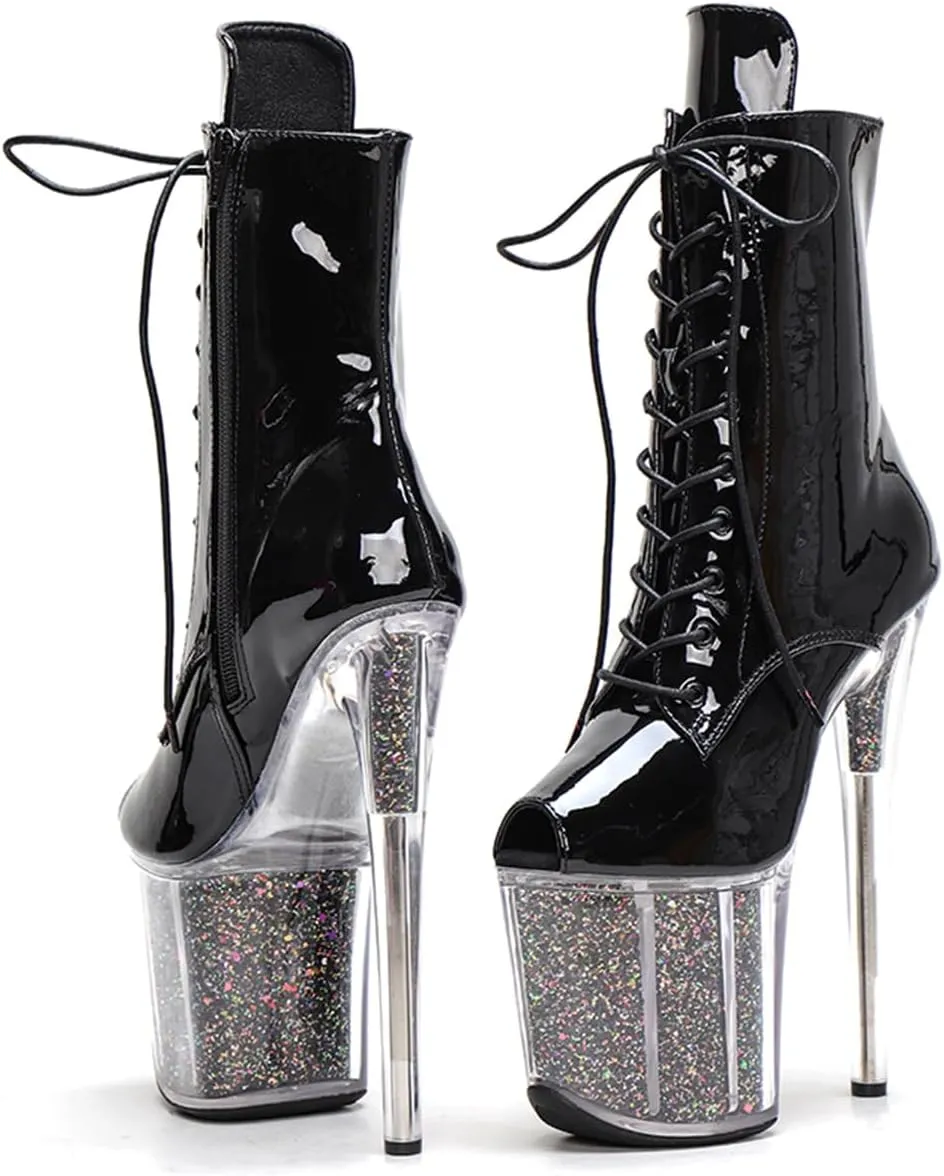 WUXIN H&P Women's Clear Platform Exotic Pole Dance Ankle Short Boots Dress Shoes 8 Inch Sexy Glitter Patchwork Mirror Custom Fashion OPen Toe Lace-up Stiletto High Heel