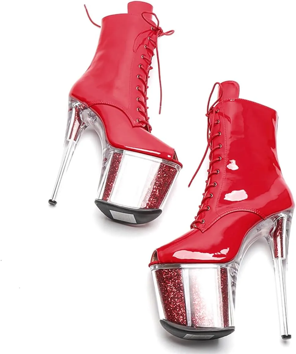 WUXIN H&P Women's Clear Platform Exotic Pole Dance Ankle Short Boots Dress Shoes 8 Inch Sexy Glitter Patchwork Mirror Custom Fashion OPen Toe Lace-up Stiletto High Heel