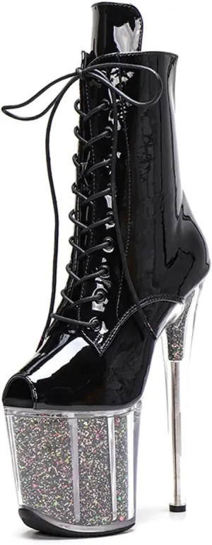 WUXIN H&P Women's Clear Platform Exotic Pole Dance Ankle Short Boots Dress Shoes 8 Inch Sexy Glitter Patchwork Mirror Custom Fashion OPen Toe Lace-up Stiletto High Heel