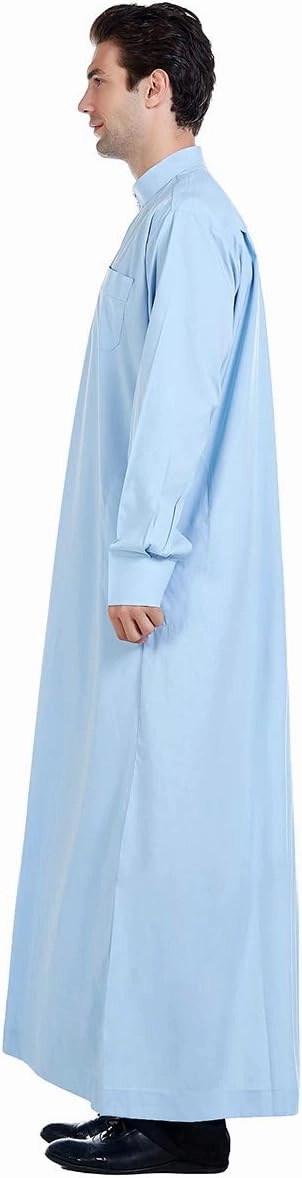 XINNI Men Arabic Long Sleeve Pure Color Thobe Crew Stand Collar Kaftan Robe with Button