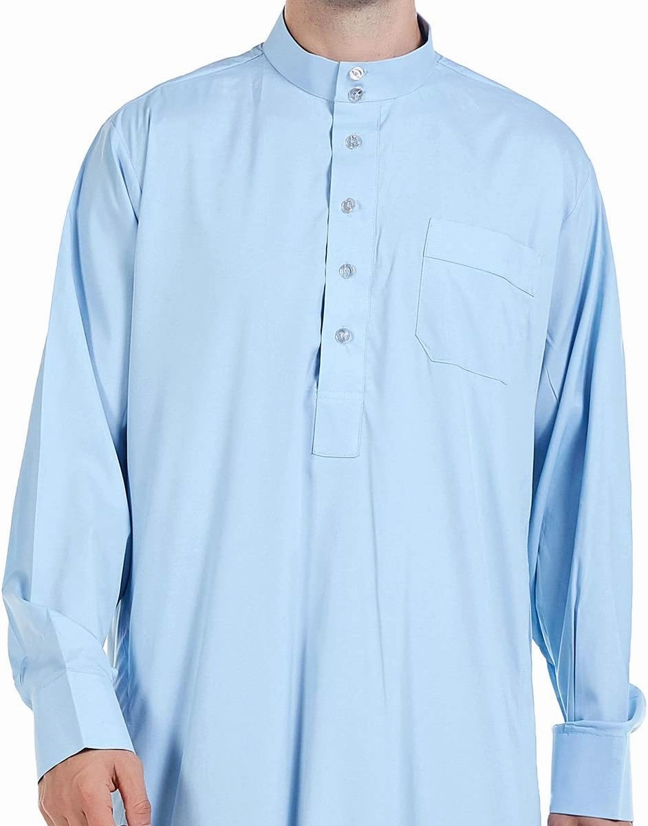 XINNI Men Arabic Long Sleeve Pure Color Thobe Crew Stand Collar Kaftan Robe with Button