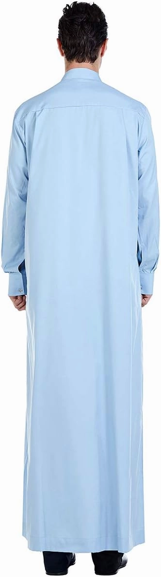 XINNI Men Arabic Long Sleeve Pure Color Thobe Crew Stand Collar Kaftan Robe with Button