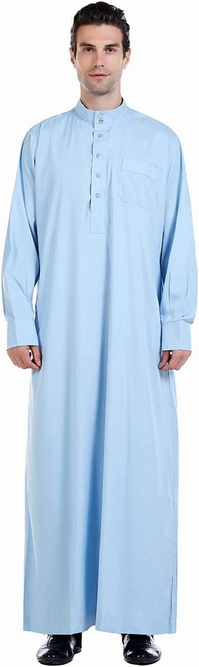 XINNI Men Arabic Long Sleeve Pure Color Thobe Crew Stand Collar Kaftan Robe with Button