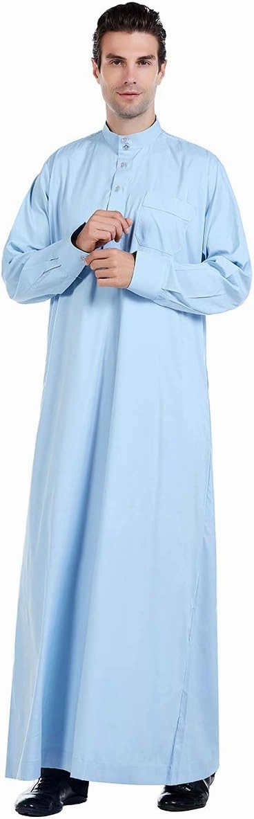 XINNI Men Arabic Long Sleeve Pure Color Thobe Crew Stand Collar Kaftan Robe with Button